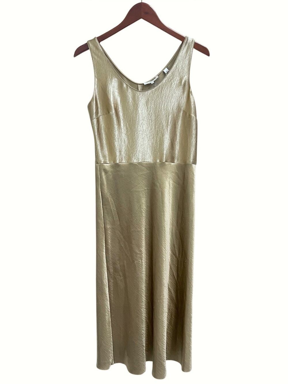 Vince Dress NWD Gold Metallic Sz 6 Satin Midi Double V Neck